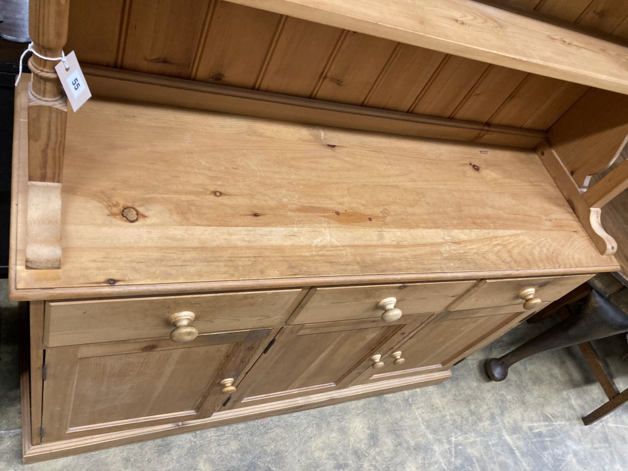 A Victorian style pine dresser, length 137cm, depth 45cm, height 200cm